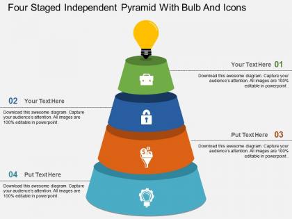 Ei four staged independent pyramid with bulb and icons flat powerpoint design