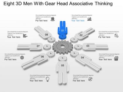 Eight 3d men with gear head associative thinking powerpoint template slide