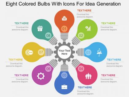 Eight colored bulbs with icons for idea generation flat powerpoint design