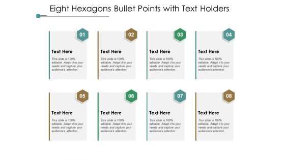 Eight hexagons bullet points with text holders