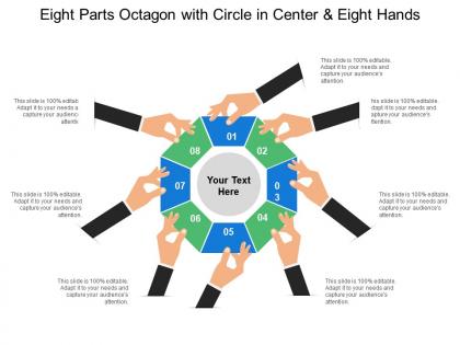 Eight parts octagon with circle in center and eight hands
