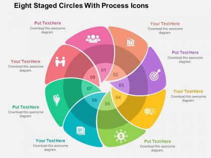 Eight staged circles with process icons flat powerpoint design