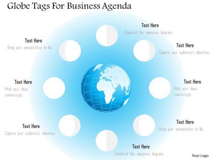 Eight staged globe tags for business agenda ppt presentation slides