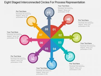 Eight staged interconnected circles for process representation flat powerpoint design