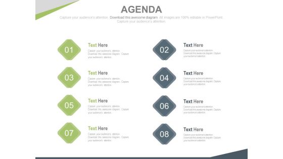 Eight staged marketing agenda diagram powerpoint slide