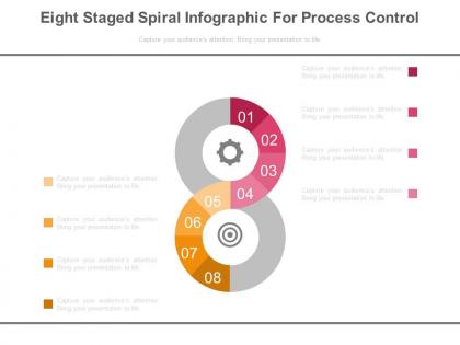 Eight staged spiral infographics for process control powerpoint slides