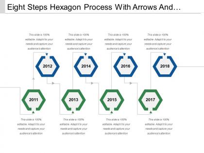 Eight steps hexagon process with arrows and text boxes