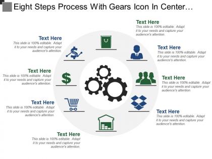 Eight steps process with gears icon in center and text holders