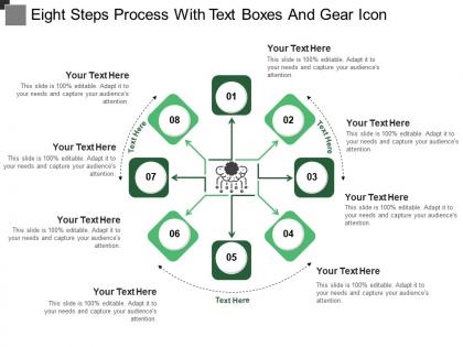 Eight steps process with text boxes and gear icon