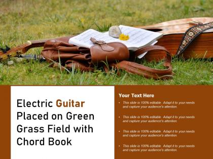 Electric guitar placed on green grass field with chord book