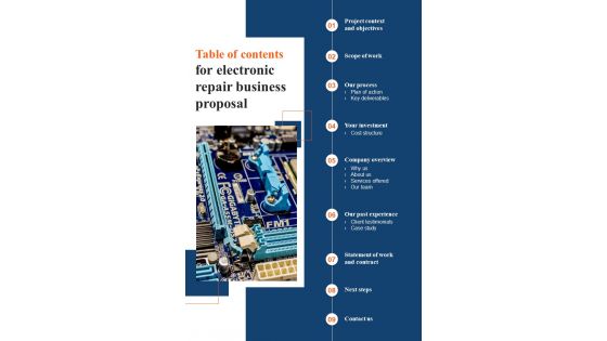 Electronic Repair Business Proposal For Table Of Contents One Pager Sample Example Document