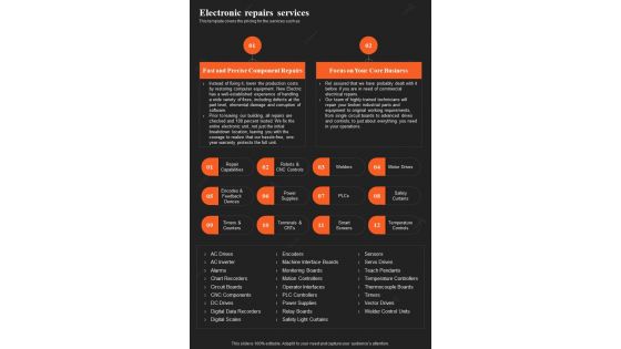 Electronic Repairs Services Specialized Electrician Contractors Proposal One Pager Sample Example Document