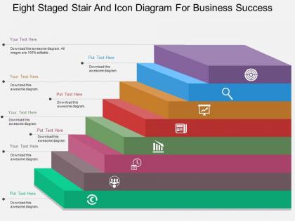 Em eight staged stair and icon diagram for business success flat powerpoint design
