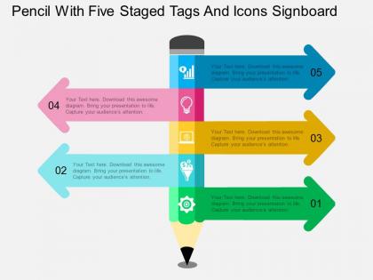 Em pencil with five staged tags and icons signboard flat powerpoint design