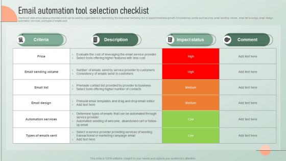 Email Automation Tool Selection Checklist Strategic Email Marketing Plan For Customers Engagement
