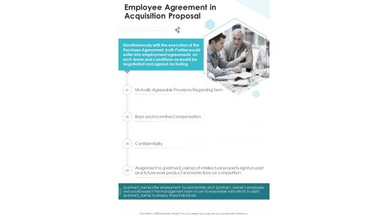 Employee Agreement In Acquisition Proposal One Pager Sample Example Document