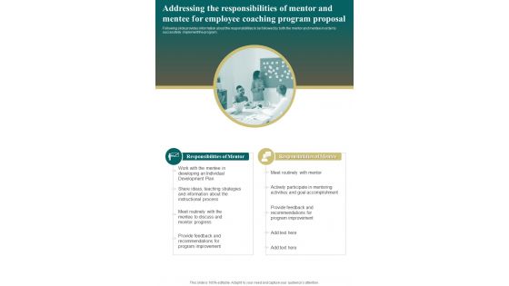 Employee Coaching For Addressing The Responsibilities Of Mentor Mentee One Pager Sample Example Document