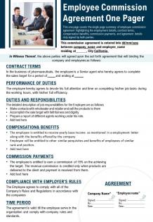 Employee commission agreement one pager presentation report infographic ppt pdf document