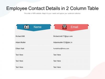 Employee contact details in 2 column table