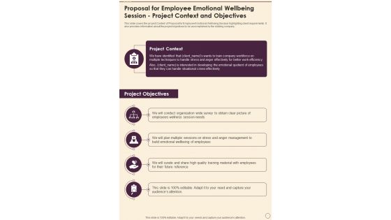 Employee Emotional Wellbeing Session Project Context And Objectives One Pager Sample Example Document