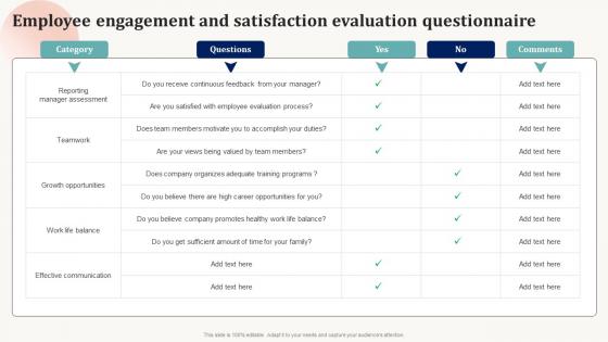 Employee Engagement And Satisfaction Evaluation Questionnaire Effective Employee Engagement