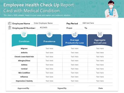 Employee health check up report card with medical condition