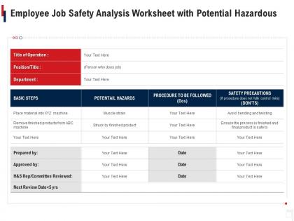 Employee job safety analysis worksheet with potential hazardous