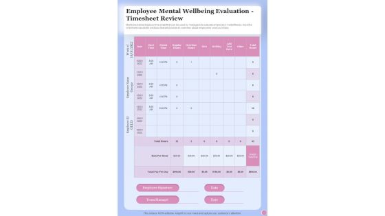 Employee Mental Wellbeing Evaluation Timesheet Health And Fitness One Pager Sample Example Document