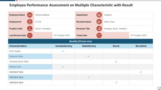 Employee performance assessment on multiple characteristic with result