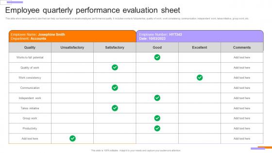 Employee Performance Evaluation Employee Quarterly Performance Evaluation Sheet