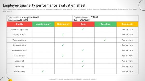 Employee Quarterly Performance Evaluation Sheet Efficient Talent Acquisition And Management