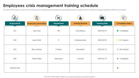 Employees Crisis Management Training Schedule