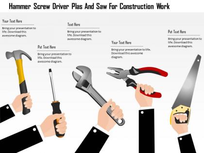 En hammer screw driver plas and saw for construction work powerpoint template