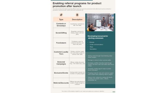 Enabling Referral Programs For Product Promotion After Launch One Pager Sample Example Document