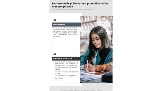 Endorsements Publicity And Promotion Book Proposal Training One Pager Sample Example Document