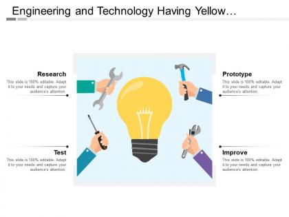 Engineering and technology having yellow colored bulb four hand holding tools