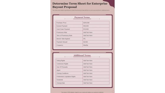 Enterprise Buyout Determine Term Sheet For Enterprise Buyout Proposal One Pager Sample Example Document
