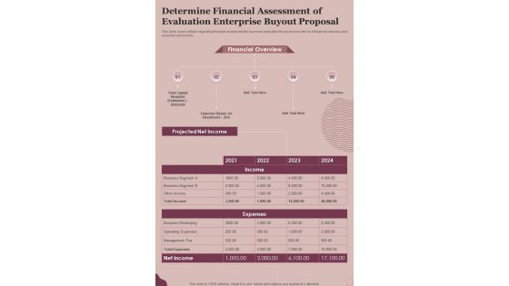Enterprise Determine Financial Assessment Of Evaluation Enterprise Buyout One Pager Sample Example Document