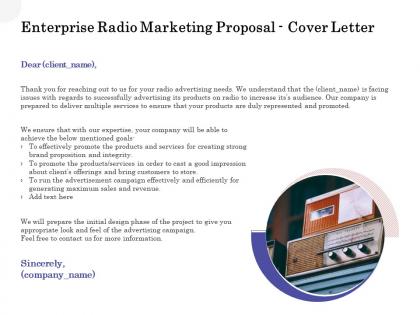 Enterprise radio marketing proposal cover letter ppt powerpoint ideas background