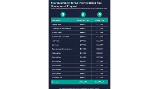 Entrepreneurship Skill Development Proposal For Your Investment One Pager Sample Example Document