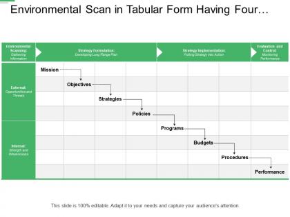 Environmental scan in tabular form having four columns