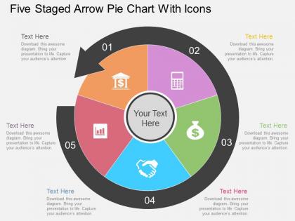 Eo five staged arrow pie chart with icons flat powerpoint design