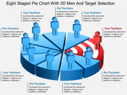Eq eight staged pie chart with 3d men and target selection powerpoint template