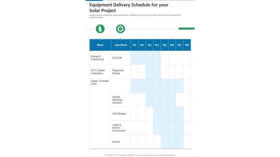 Equipment Delivery Schedule For Your Sales Solar Energy Business One Pager Sample Example Document