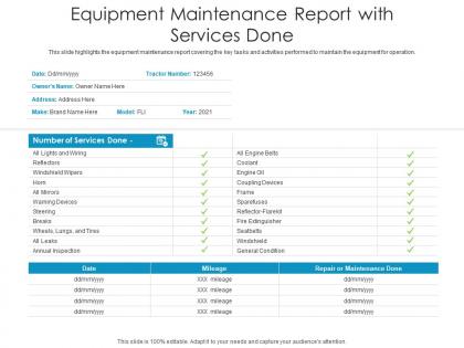 Equipment maintenance report with services done