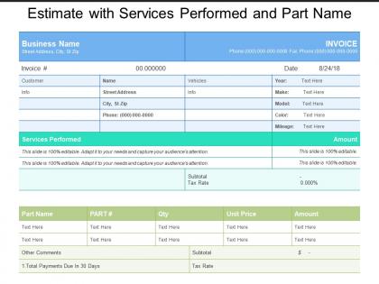 Estimate with services performed and part name