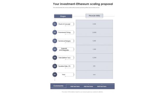 Ethereum Scaling Proposal Your Investment One Pager Sample Example Document