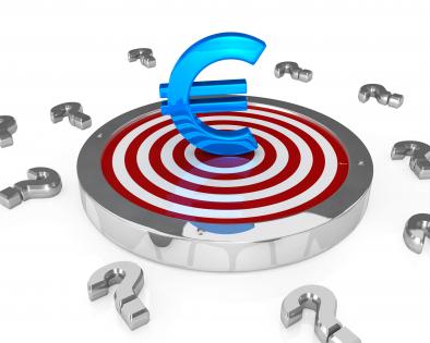 Euro sign on target dart bulls eye concept with question mark stock photo