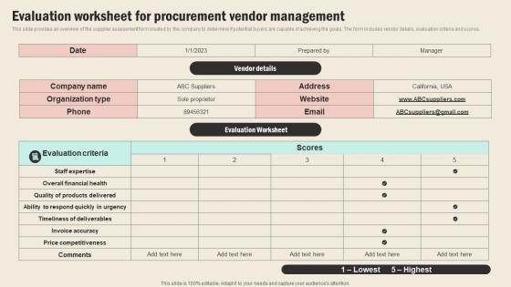 Evaluation Worksheet For Procurement Vendor Strategic Sourcing In Supply Chain Strategy SS V