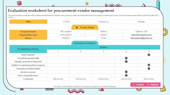 Evaluation Worksheet For Procurement Vendor Supplier Management For Efficient Operations Strategy SS